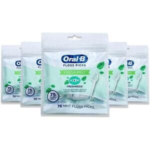 Oral-B Fresh Mint Floss Picks with Scope, Shred Resistant, 75ct Pack of 5